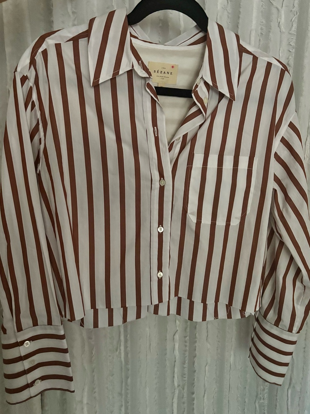 Sézane Bilma Cotton Long Sleeve Button Down Shirt in
Camel Stripes size 34
